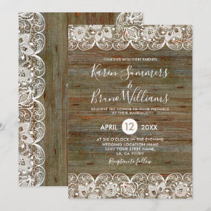 Rustic Wood & White Lace Frame Wedding Invitation