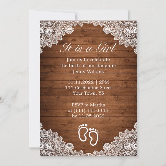 Rustic Wood & White Lace Girl Birth Celebration Invitation (Front)
