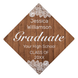 Rustic Wood & White Lace Graduate Graduation Cap Topper