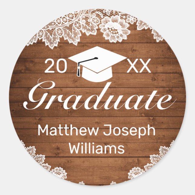 Rustic Wood & White Lace Graduation Classic Classic Round Sticker (Front)