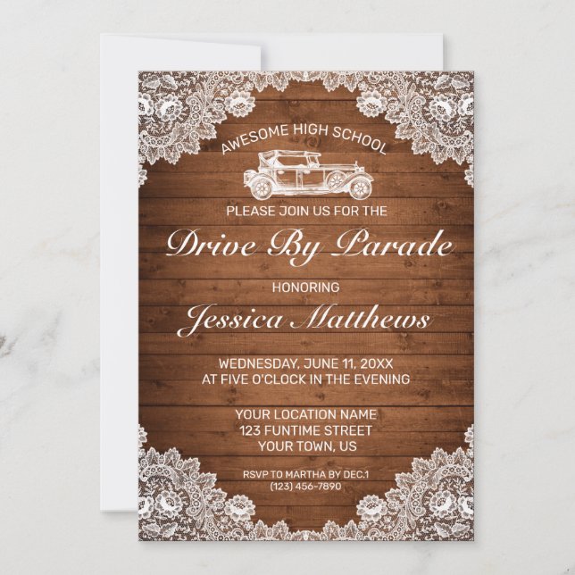 Rustic Wood White Lace Graduation Drive By Parade Invitation (Front)