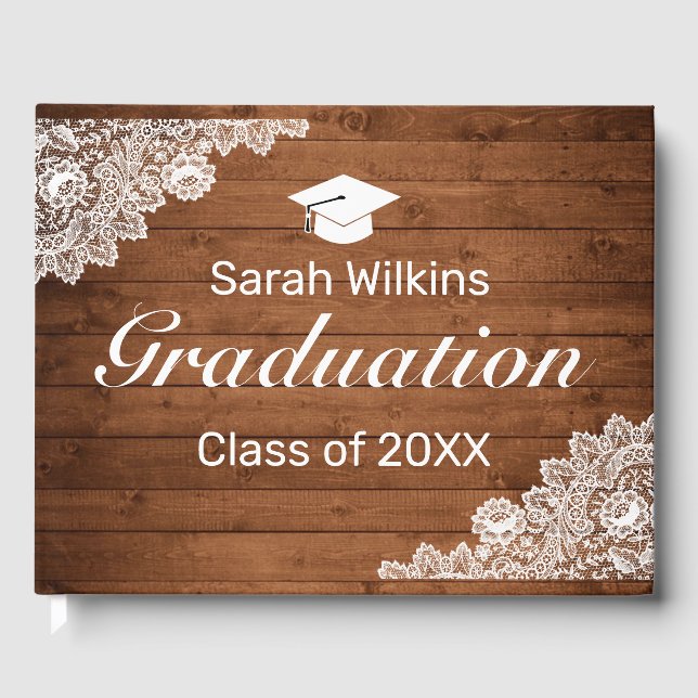 Rustic Wood & White Lace Graduation Guest Book (Front)