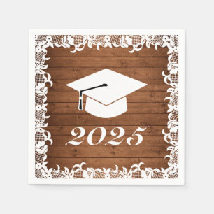 Rustic Wood & White Lace Graduation Hat Napkin