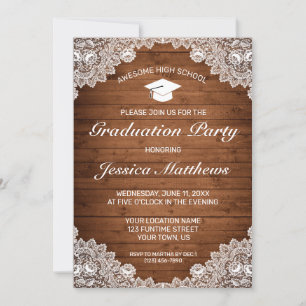 Rustic Wood & White Lace Graduation Invitation