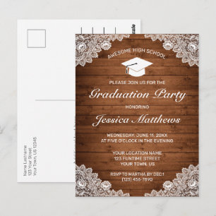 Rustic Wood & White Lace Graduation Invitation  Postcard