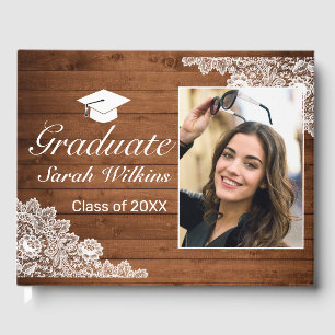 Rustic Wood & White Lace Graduation Photo Guest Book