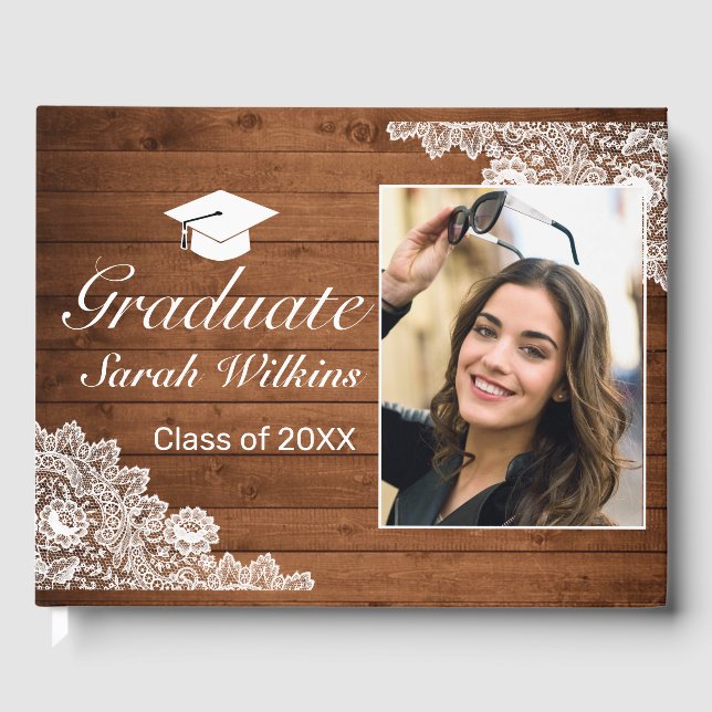 Rustic Wood & White Lace Graduation Photo Guest Book (Front)
