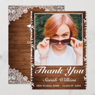 Rustic Wood & White Lace Graduation Photo Thank Y Thank You Card