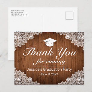 Rustic Wood & White Lace Graduation Thank You Post Postcard