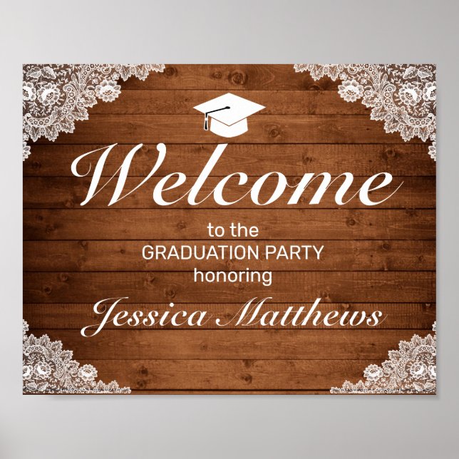 Rustic Wood & White Lace Graduation Welcome Party Poster (Front)