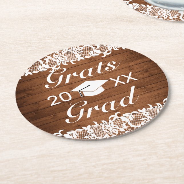 Rustic Wood & White Lace Grats Graduation Round Paper Coaster (Angled)