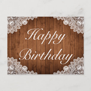 Rustic Wood & White Lace Happy Birthday Greeting Announcement Postcard
