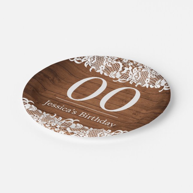 Rustic Wood & White Lace Happy Birthday Paper Plate (Angled)