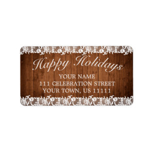 Rustic Wood & White Lace Happy Holidays Address Label