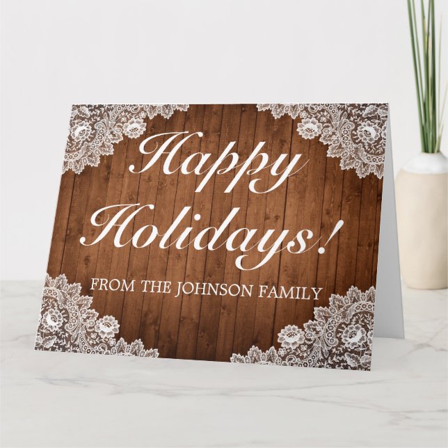 Rustic Wood & White Lace Holiday Folded Greeting Card (Front)