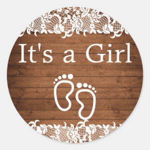 Rustic Wood & White Lace IT'S A GIRL Classic Round Sticker
