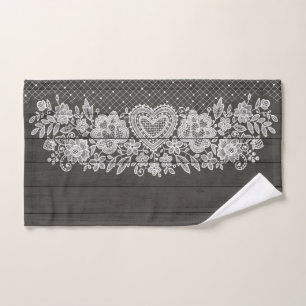 Rustic Wood & White Lace Lacy Farmhouse Bath Towel Set