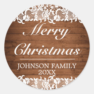 Rustic Wood & White Lace Merry Christmas Classic Round Sticker