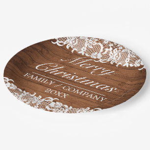 Rustic Wood & White Lace Merry Christmas Paper Plate
