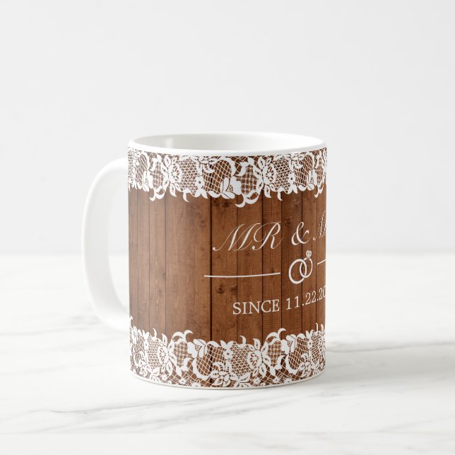 Rustic Wood & White Lace Mr and Mrs Anniversary Coffee Mug (Front Left)