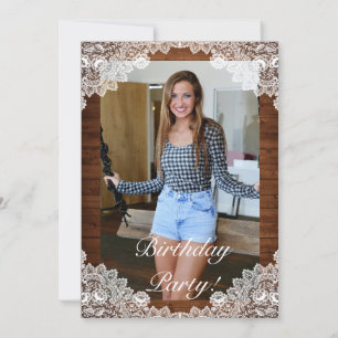 Rustic Wood & White Lace Photo Birthday Invitation