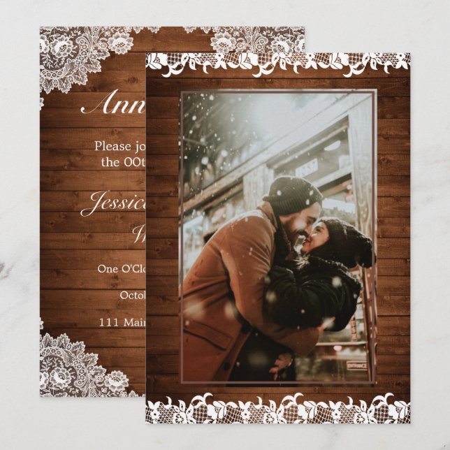 Rustic Wood & White Lace Photo Wedding Anniversary Invitation (Front/Back)
