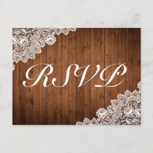 Rustic Wood & White Lace RSVP Invitation Postcard