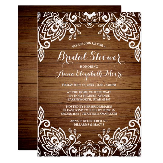 Rustic Wood White Lace Rustic Bridal Shower Card