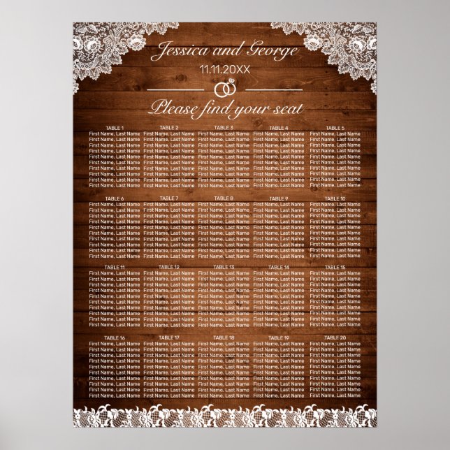 Rustic Wood & White Lace Seating Chart 20 Tables (Front)