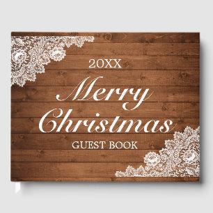 Rustic Wood & White Lace Snowflake Christmas Guest Book