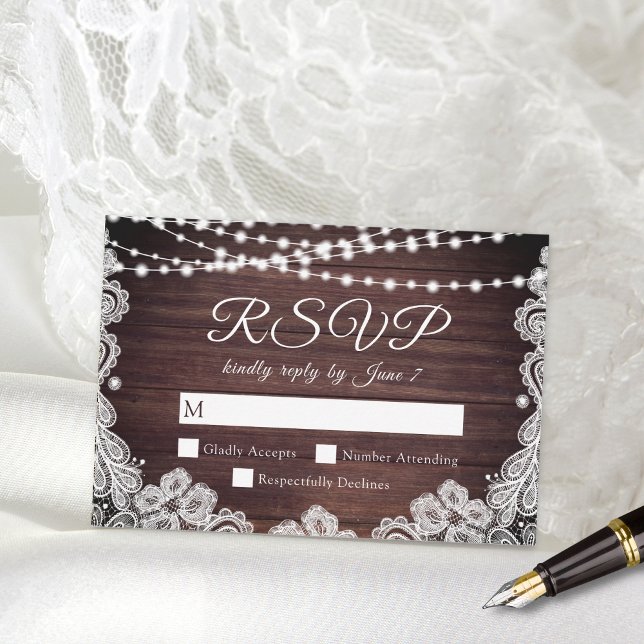 Rustic Wood White Lace String Lights Wedding RSVP Card (Creator Uploaded)