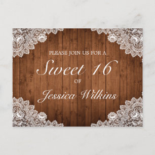 Rustic Wood & White Lace Sweet 16 Announcement Postcard