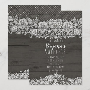Rustic Wood & White Lace Sweet 16 Birthday Invitation