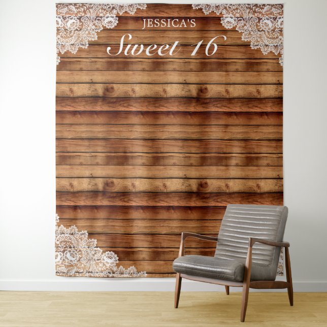 Rustic Wood & White Lace Sweet 16 Photo Background Tapestry (In Situ)