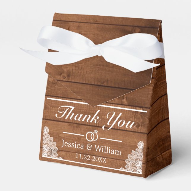 Rustic Wood & White Lace Thank You Wedding Favor Box (Front Side)