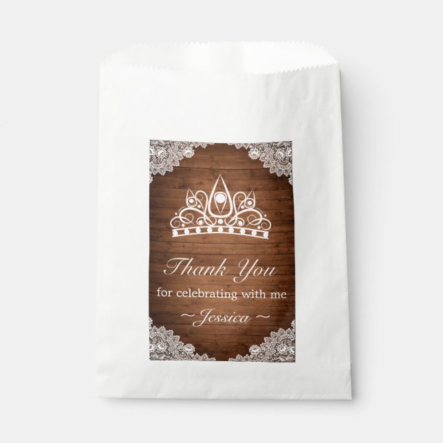 Rustic Wood & White Lace Tiara Birthday Thank You Favour Bag (Front)