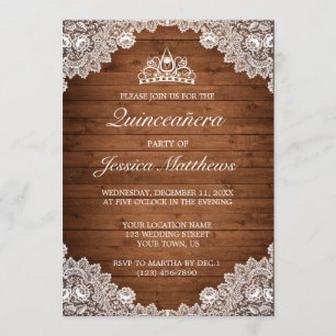 Rustic Wood & White Lace Tiara Quinceañera Invitation
