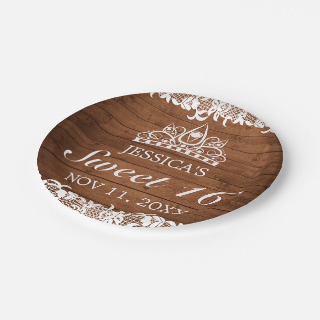 Rustic Wood & White Lace Tiara Sweet 16 Paper Plate (Angled)