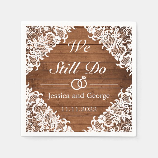 Rustic Wood & White Lace Wedding Anniversary Napkin (Front)