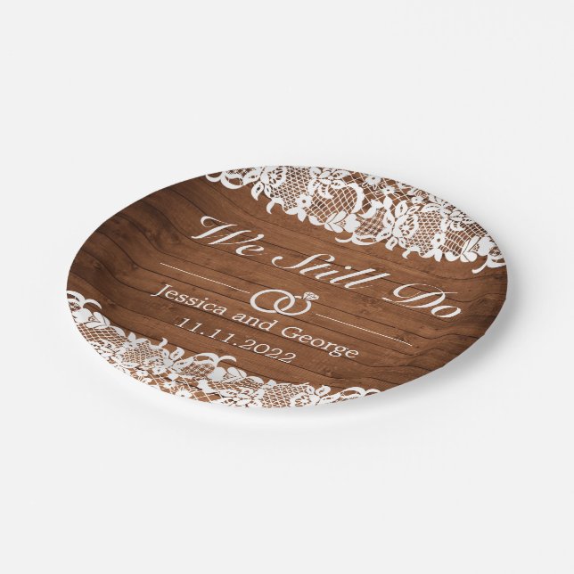 Rustic Wood & White Lace Wedding Anniversary Paper Plate (Angled)