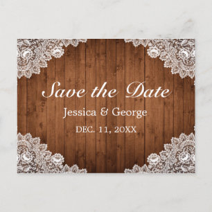 Rustic Wood & White Lace Wedding Announcement Postcard
