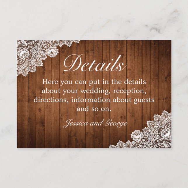 Rustic Wood & White Lace Wedding Details Enclosure Card (Front)