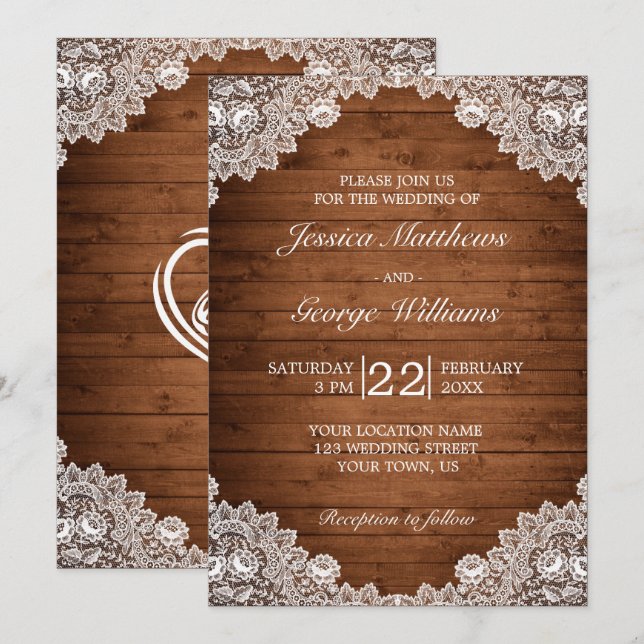 Rustic Wood & White Lace Wedding Invitation (Front/Back)