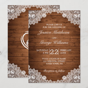 Rustic Wood & White Lace Wedding Invitation