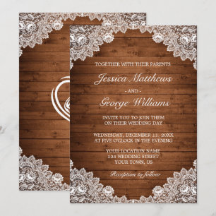Rustic Wood & White Lace Wedding Invitation