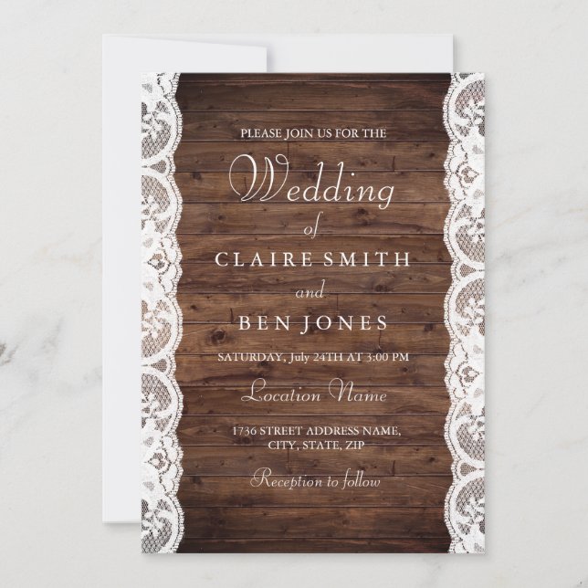 Rustic Wood White Lace Wedding Invite (Front)