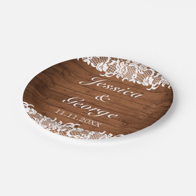 Rustic Wood & White Lace Wedding Paper Plate (Angled)