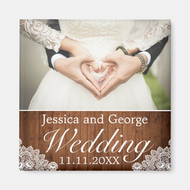 Rustic Wood & White Lace Wedding Photo Magnet (Front)