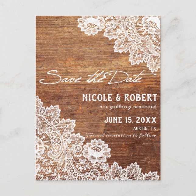 Rustic Wood White Lace Wedding Save the Date Announcement Postcard (Front)