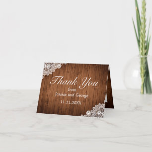 Rustic Wood & White Lace Wedding Thank You Card